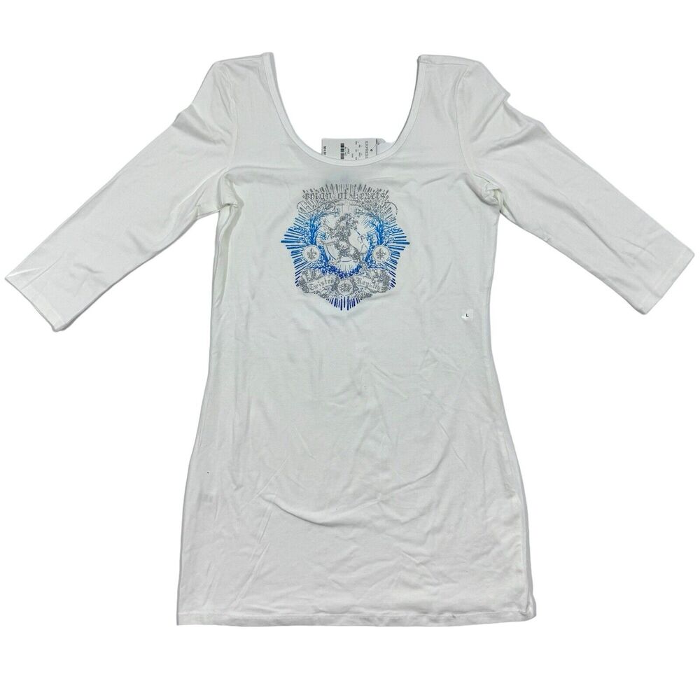 Woman's Express Reign of Hearts Twisted Royalty Sparkle White 3/4 Sleeve Top LG